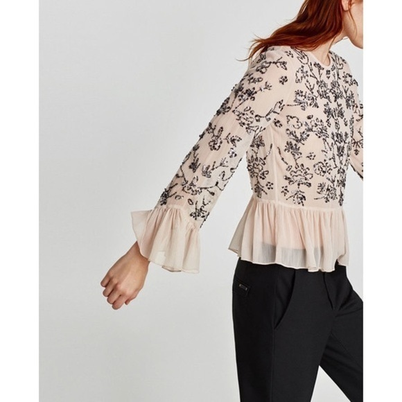ZARA Embroidered Sequin Top with Ruffle Sleeves Size XS - Picture 3 of 8